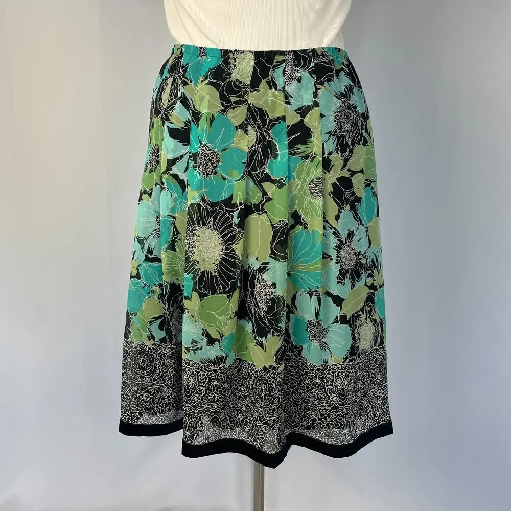 A Line Skirt Plus Size 1X Green Blue Floral Chiffon Flowy Spring Fairy Y2K